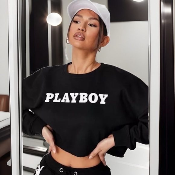 PLAYBOY Black Long Sleeve Crop Hooded W/ PLAYBOY On Front Sweatshirt - Picture 3 of 5